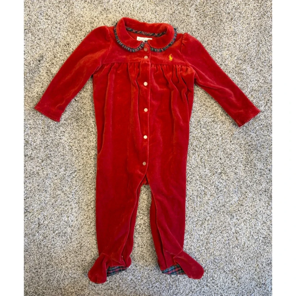Ralph Lauren Footie‎ Pajamas Velvet 9M Red Plaid Trim Holiday One Piece Romper